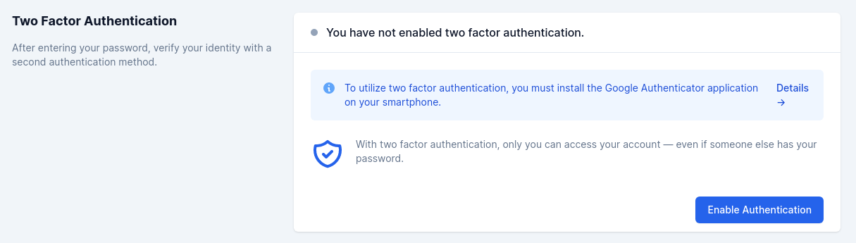 Two factor section Screenshot