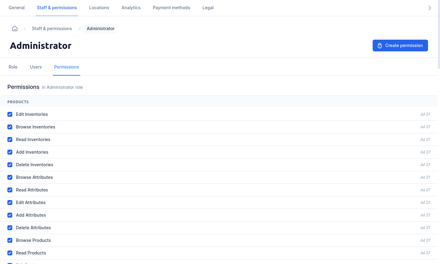 Role's permissions example