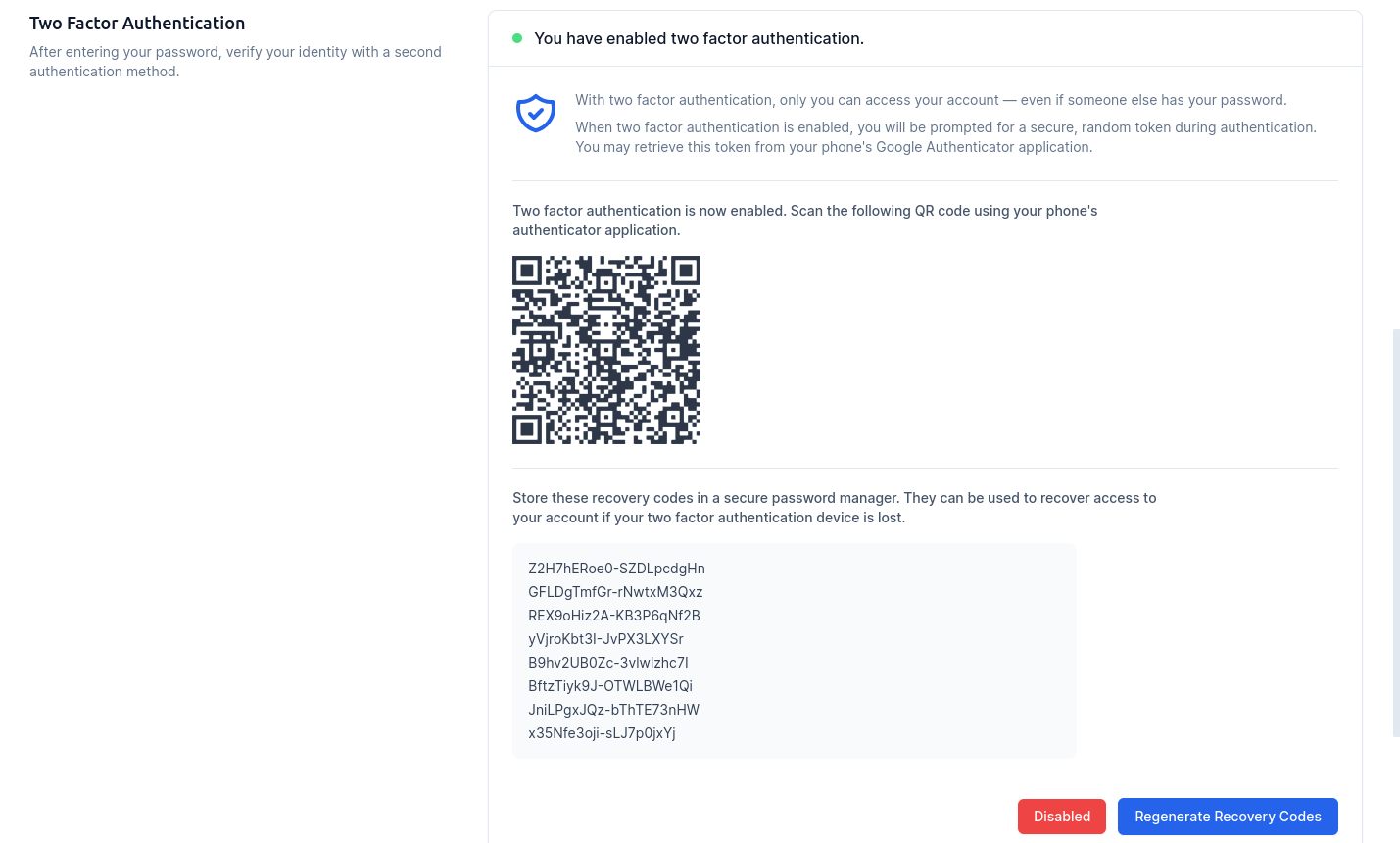 Two factor code Screenshot