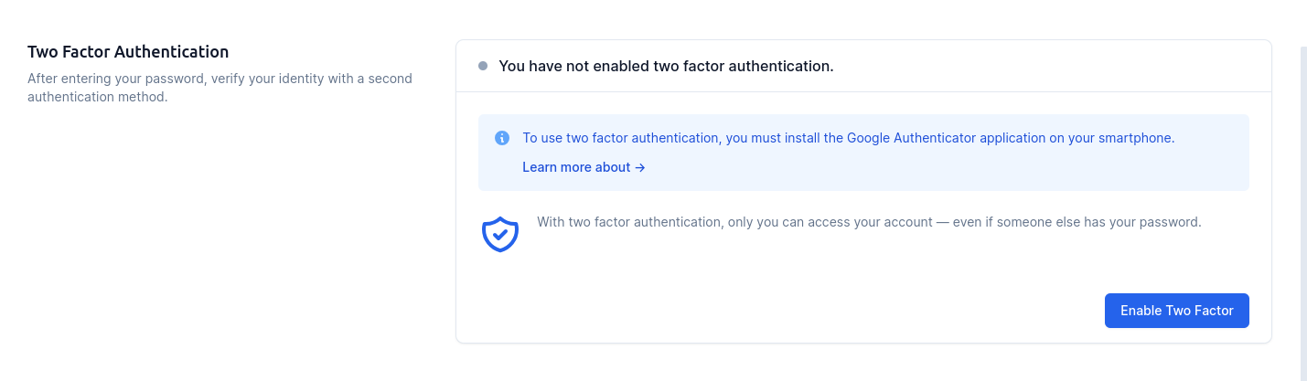 Two factor section Screenshot